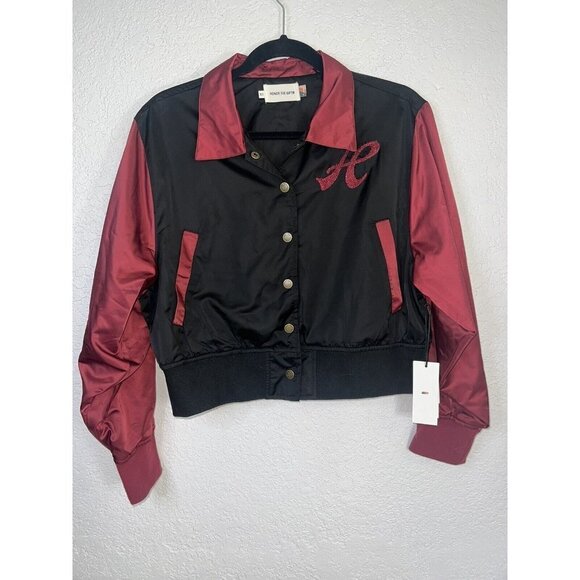 Honor The Gift Stadium Jacket Women’s NEW XS Varsity Nwts Black Maroon 1B - Picture 7 of 15